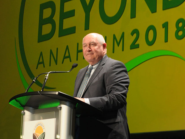 U.S. Agriculture Secretary Sonny Perdue speaks to farmers at Commodity Classic in Anaheim, California, on Wednesday. (DTN photo by Chris Clayton)